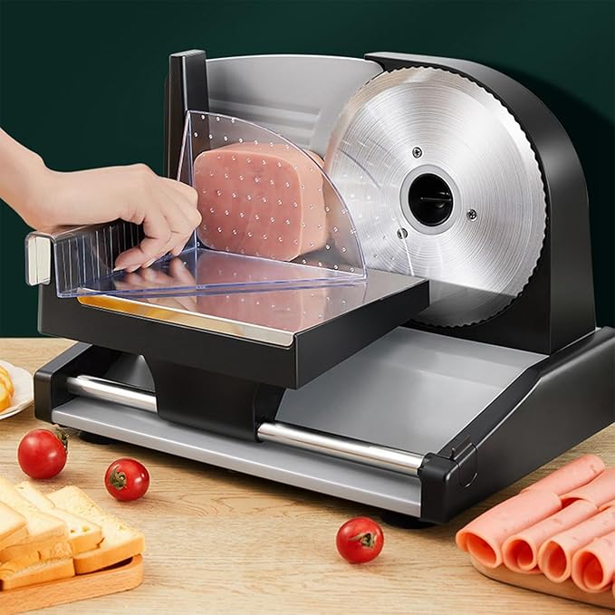 Meat Slicer, 200W Electric Food Slicer with 2 Removable 7.5" Stainless Steel Blades and Tray, Child Lock Protection, Adjustable Thickness, Slicer Machine for Meat Cheese Bread 110V