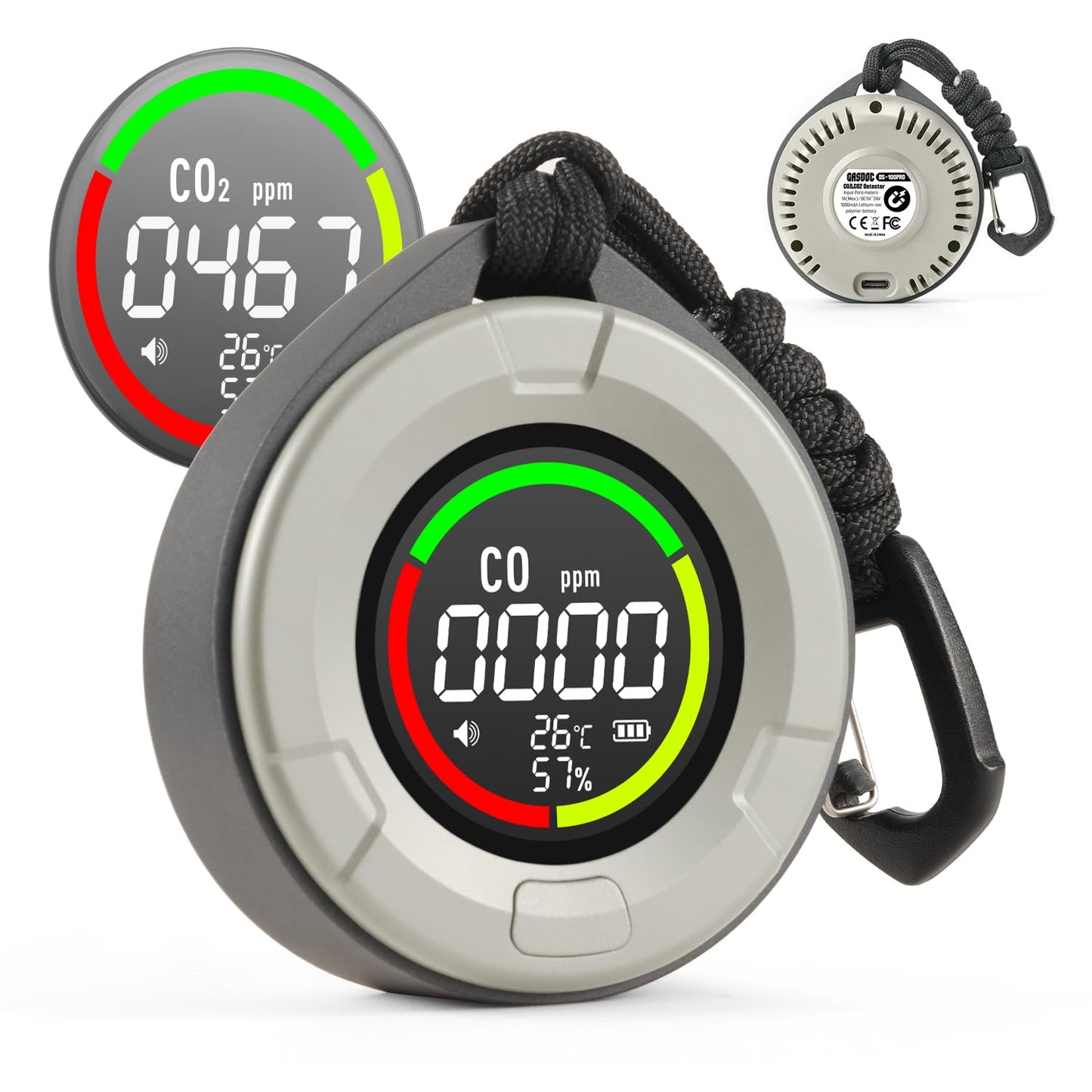 GasDoc DS-100PRO Portable CO & CO2 Detector for Travel, 4-in-1 Magnetic Carbon Monoxide and Carbon Dioxide Detector, Audible & Visual Alarm, 3-Day Standby, CO & CO2 Monitor for Home, Tent, RV