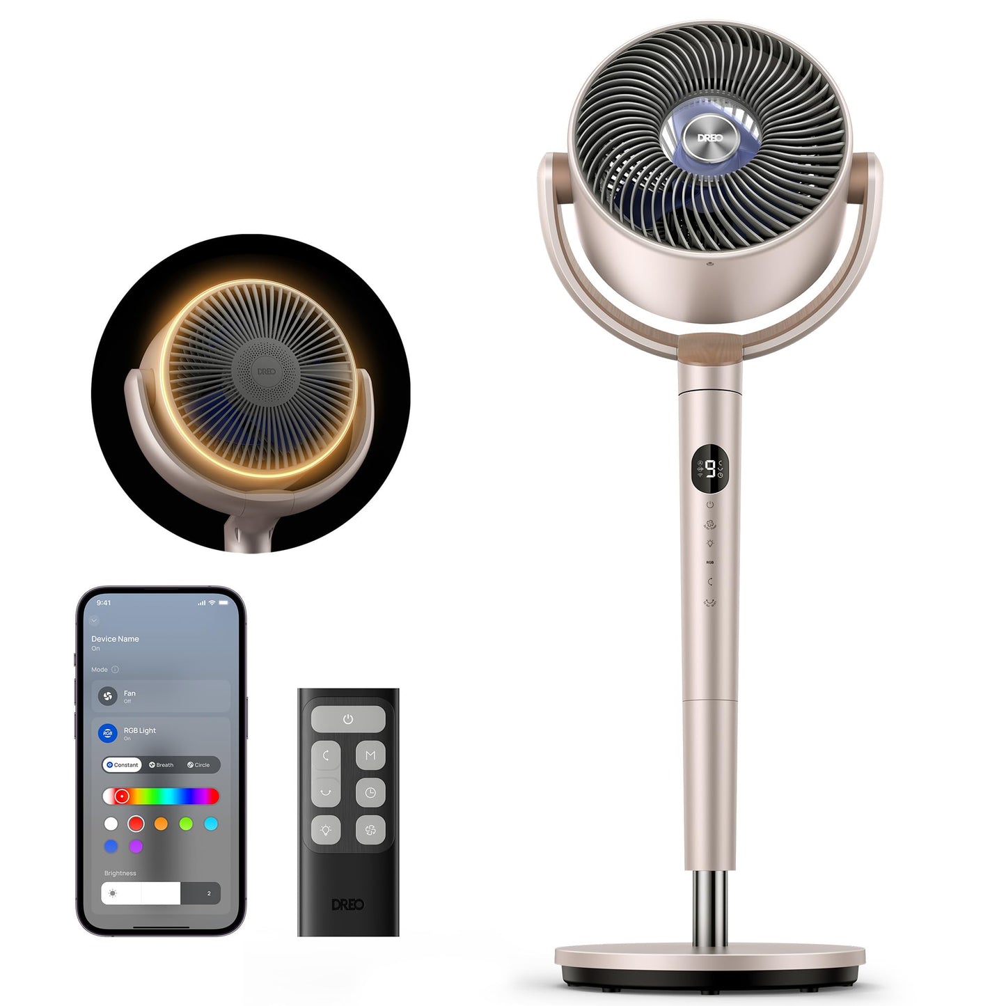 Dreo Smart Fans for Bedroom, 120 +120 Omni-Directional Oscillating Fan, 90ft Quiet Pedestal Fan with RGB Light, 9 Speeds, 6 Mode