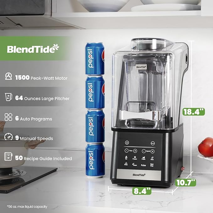 Professional Blender 64oz, 1500W Vacuum Blender for Less Foam, Commercial Quiet Shield, Kitchen Timer, Self-Cleaning, 9 Speeds, 6 Presets for Smoothies, Frozen Drinks, Nut & Seed Blends