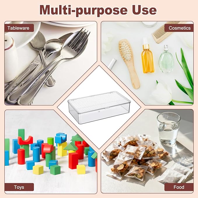 Transparent Flatware Tray Kitchen Drawer Organizer With Lid, Plastic Kitchen Cutlery Tray and Utensil Silverware Storage Container with Cover, Multi-Purpose Storage Box for Bathroom, Office, and Dorm
