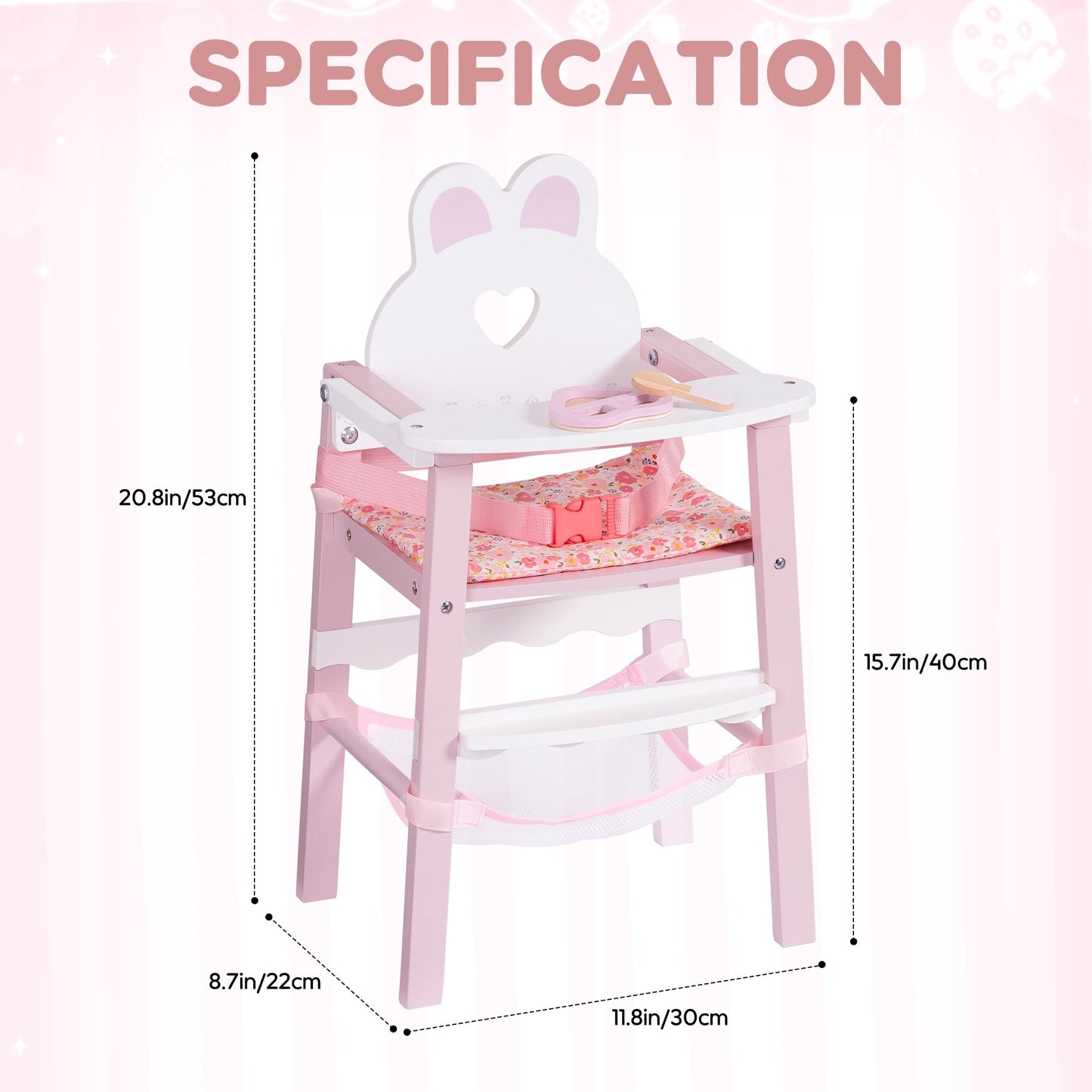 ROBOTIME Wooden Baby Doll High Chair – Pretend High Chair Toys for 18" Dolls – Doll Feeding Chair Toy with Tray – Baby Doll Furniture for Girls Ages 3+