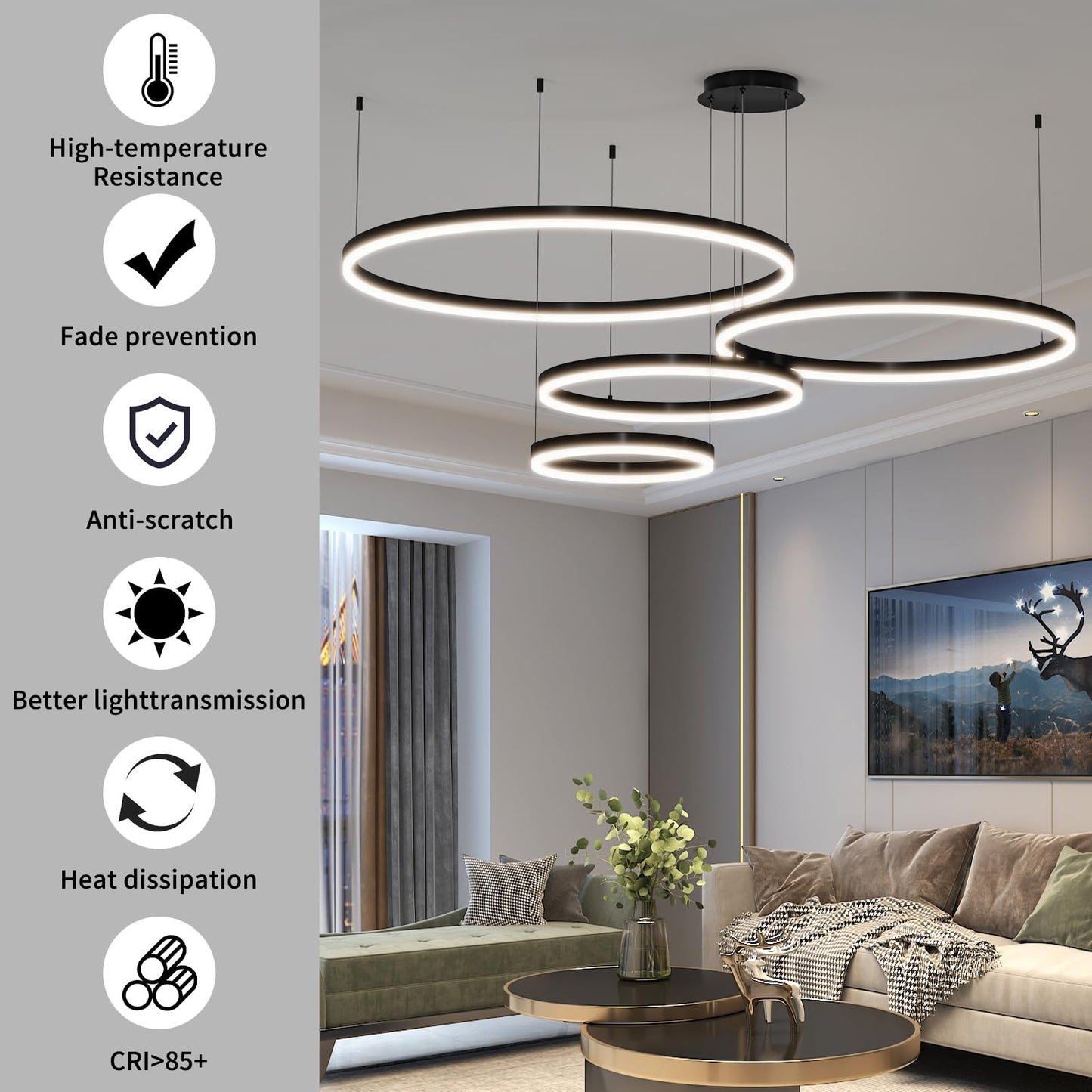 Mikeru Modern LED Chandelier Light, Remote Control, 3000K-6500K, 11.8+15.7+23.6+31.5IN, Aluminum,