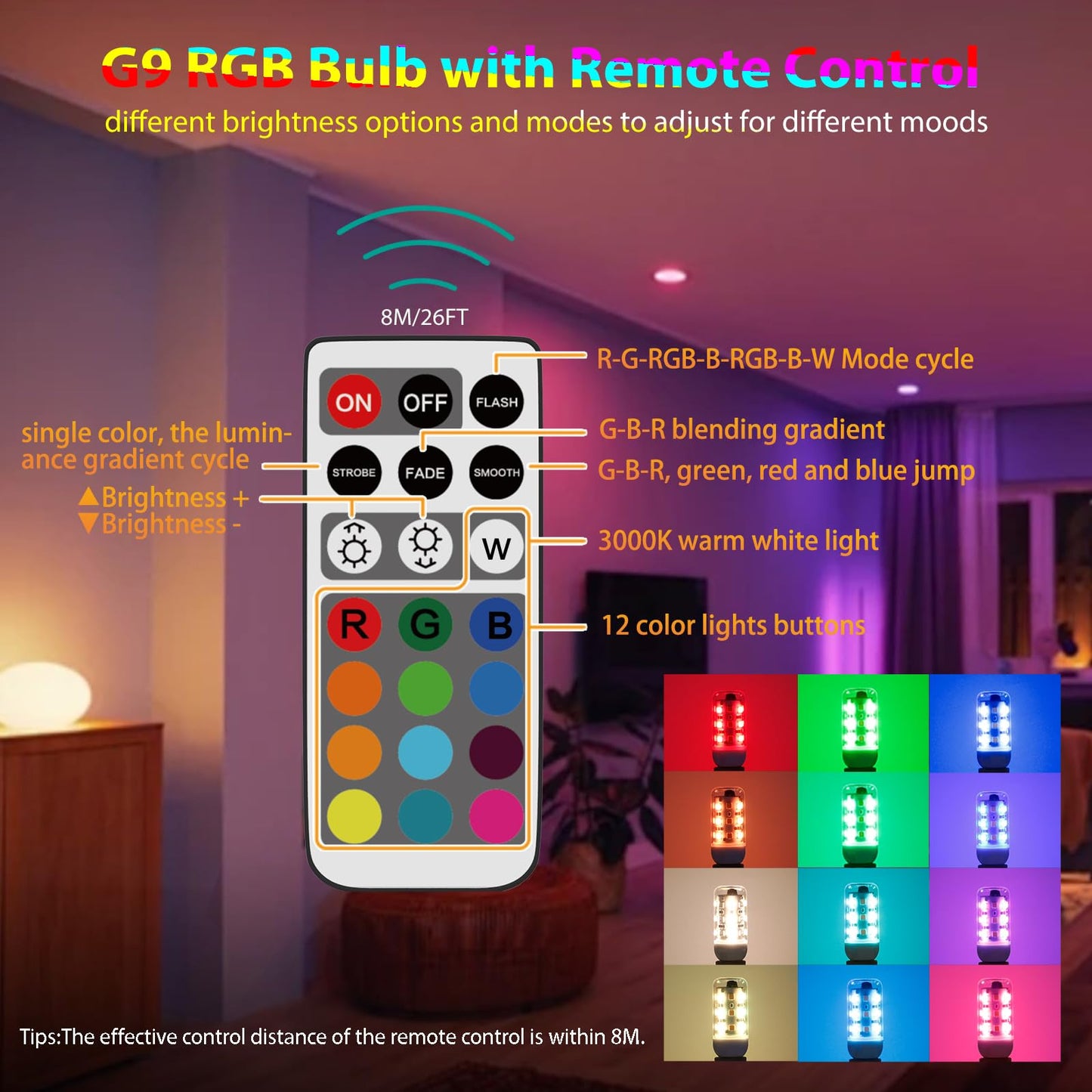Cxyemt G9 LED Bulb Dimmable 2W Equivalent 20W 25W, 12 Color RGB + Warm White 3000K, 2 Pack, Polycarbonate