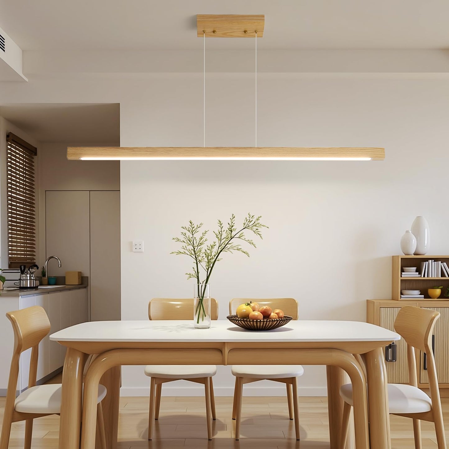 Mikeru Modern Wooden Pendant Light, 39IN White Ash Wood Chandelier with Remote Control, Adjustable Color Temperature, Model BLM