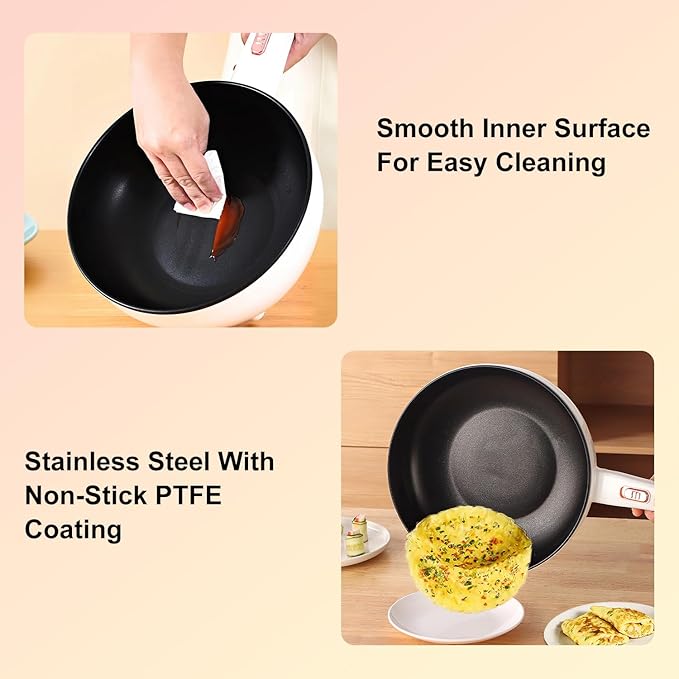 Electric Hot Pot Portable Travel Cooker Non-Stick Frying Pan with Steamer Long Handle Dual Power Control for Travel Dorm Home RV