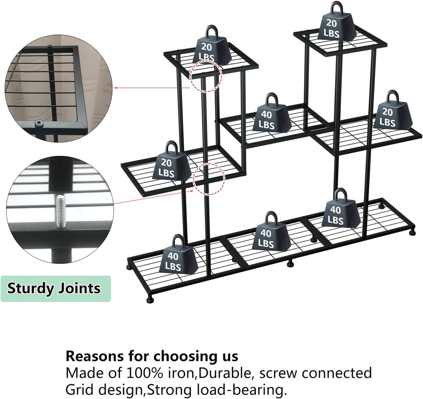 Metal Plant Stand, 5 Tiers Multifunctional Plant Stands for Indoor Plants, Decorative Black Steel Plant Shelf for Indoor Patio Garden Balcony and Yard (4 tiers 12 pots)