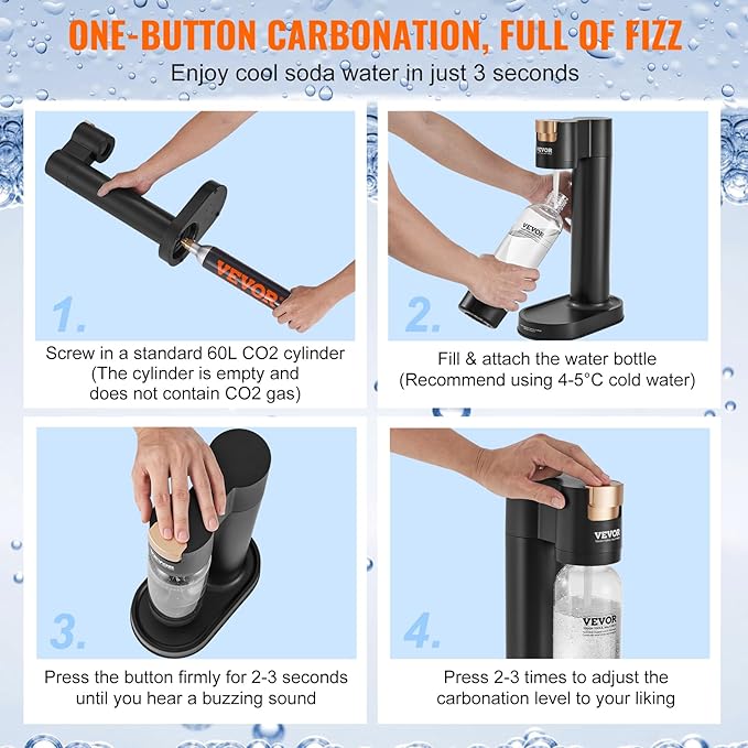 VEVOR Sparkling Water Maker, Soda Maker Machine for Home, Soda Maker with BPA-free 1L PET Bottle, 2 CO2 Cylinders(Not Contain CO2 GAS), Compatible with Mainstream Screw-in 60L CO2 Cylinder