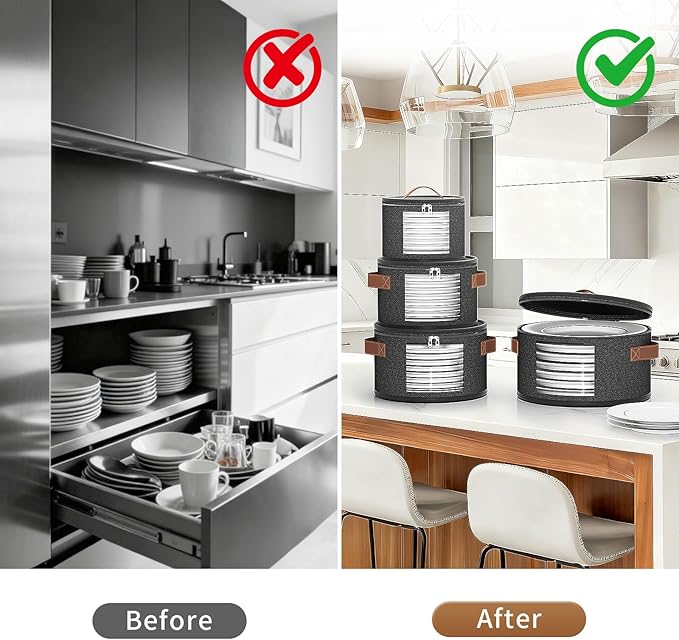 4 Piece Stemware Storage Containers, China Storage Containers with Clear Windows, Hard Shell Dish Storage with Handles for Dishes, Dinnerware, Plates, Dark Gray