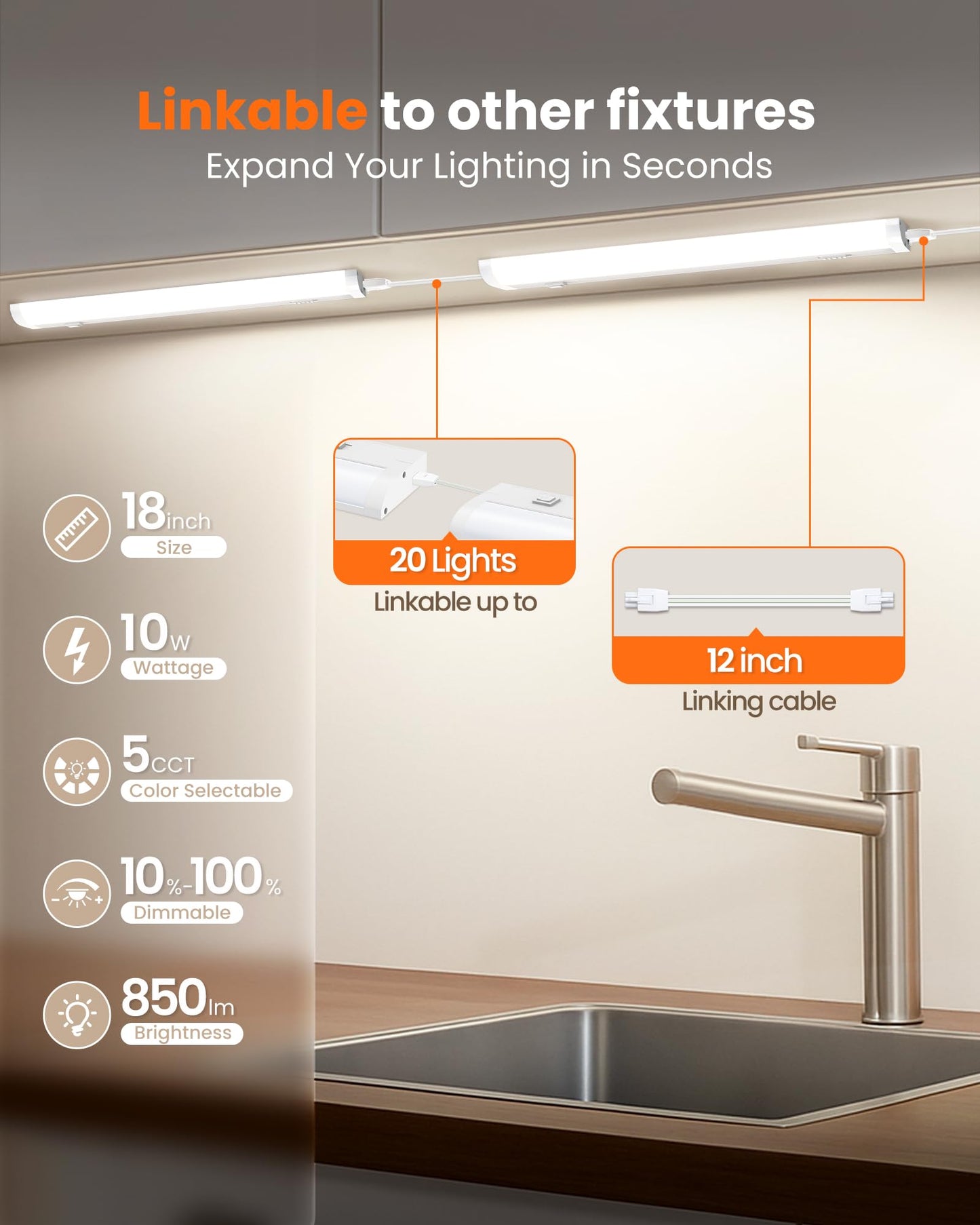 Alusso Lighting?18 Inch Led Under Cabinet Lighting Hardwired & Plug In  5Cct Color Selectable 2700K-5000K Dimmable 10W 850Lm High Brightness  Linkable Strip Under Counter Lights For Kitchen  1 Pack