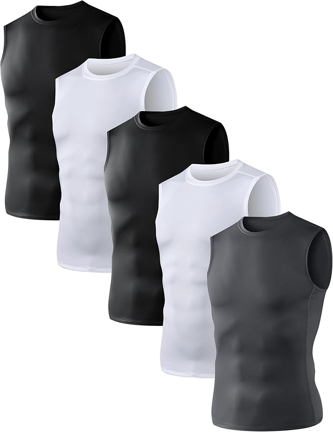 OYGSieg 5/6 Pack Men's Athletic Compression Shirts Sleeveless Tank Top Base Layer Sports Workout Shirts for Basketball