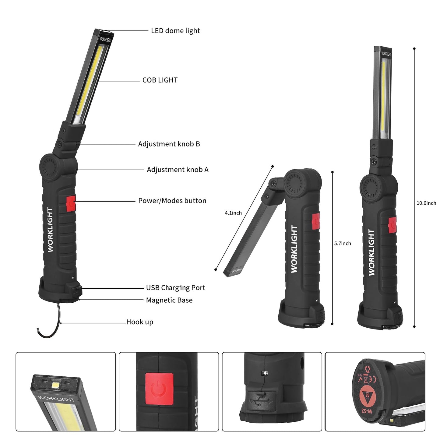 Suranew Led Worklight Flashlight  Cob Rechargeable Work Lights With Magnetic Base 360 Degree Rotate And 5 Modes Portable Flood Light Inspection Construction Light For Car Repair (Black Green  2 Pack)