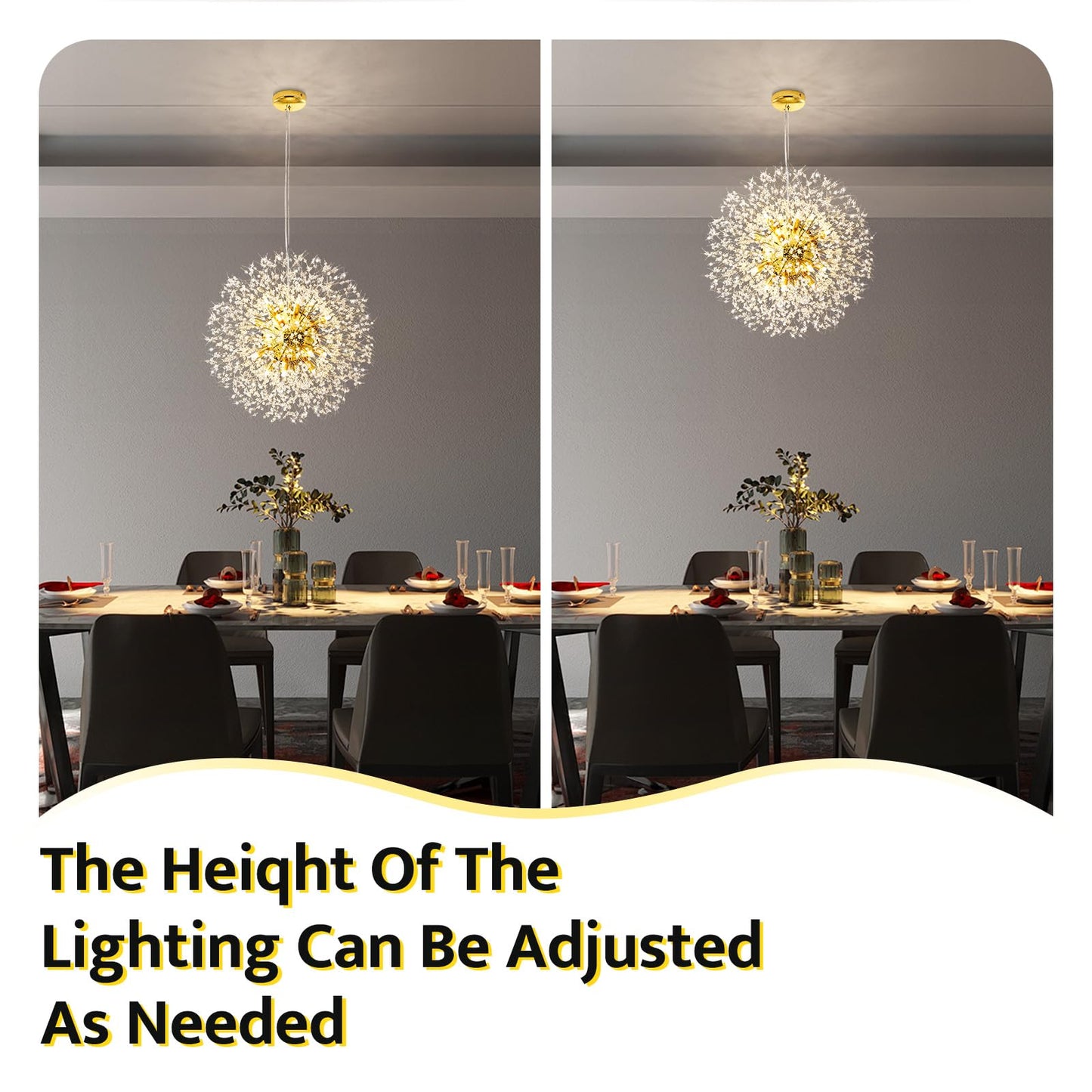 Qamra 16-Light Modern Crystal Gold Sputnik Chandelier, Firework Dandelion Pendant Light For Dining Room, Bedroom, Kitchen, Living Room