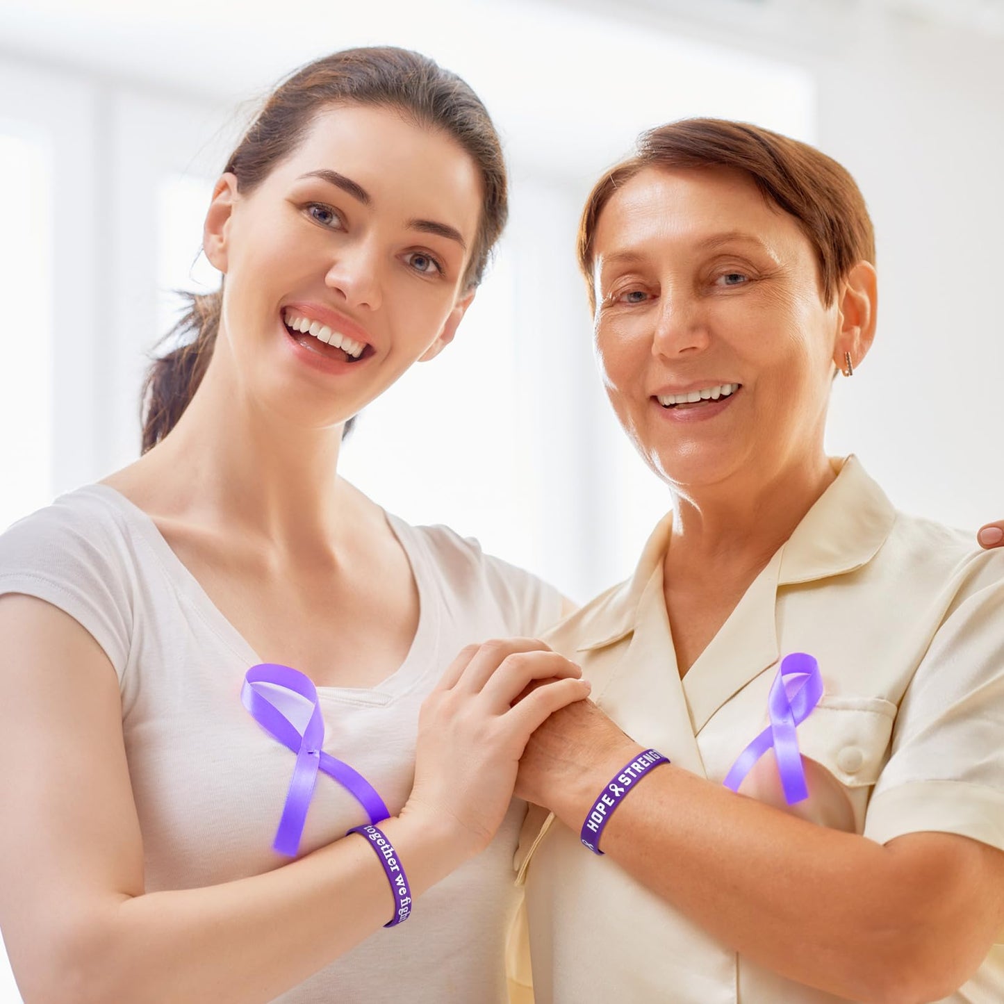 Karenhi 96 Pieces Purple Ribbon Awareness Wristbands Silicone Rubber Bracelets with Hope Faith Strength Courage Inspiring for Pa