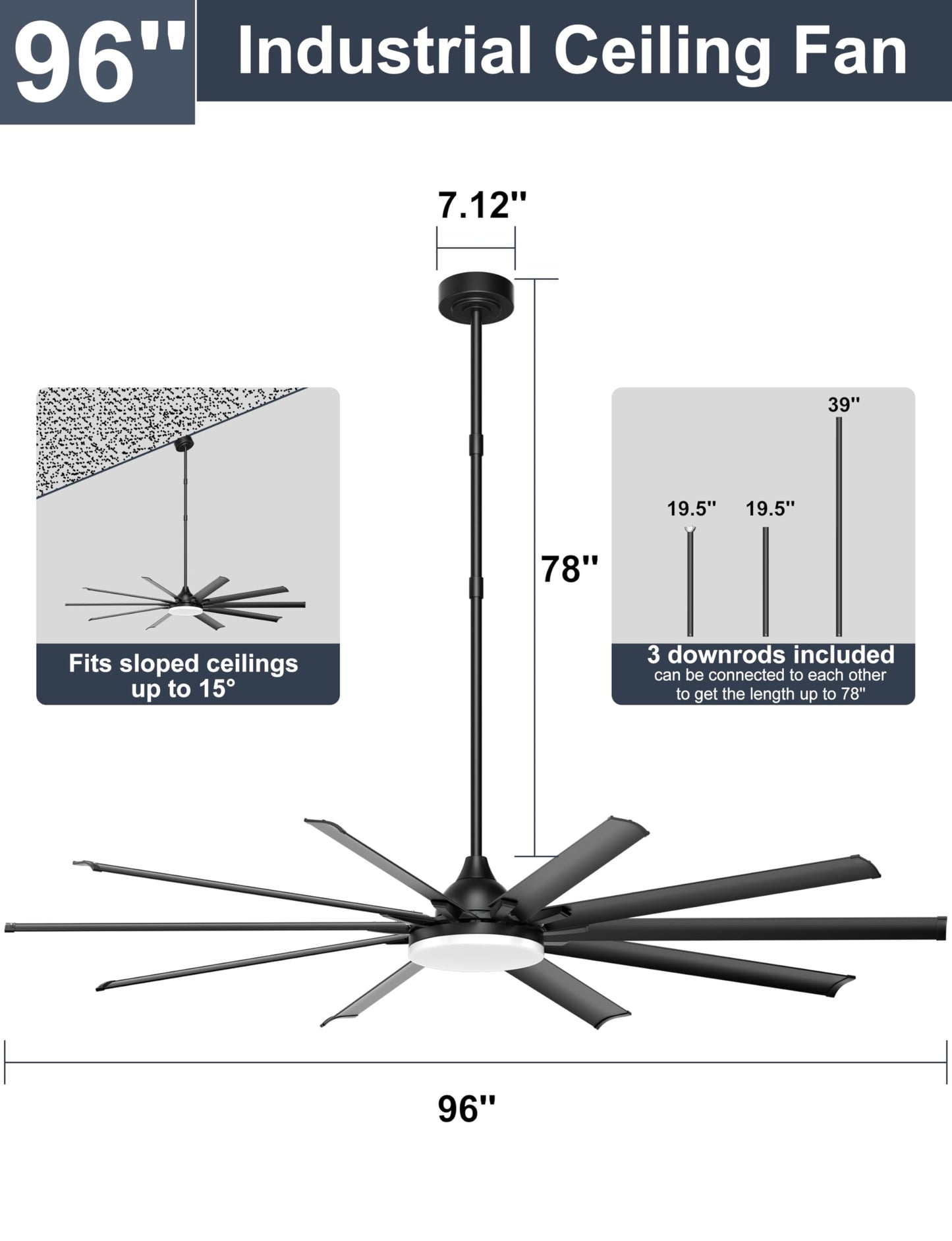 Ohniyou 96 Shop Ceiling Fan With Bright Lights - Remote/App Control, High Cfm, Extra Large Industrial Ceiling Fan For Covered