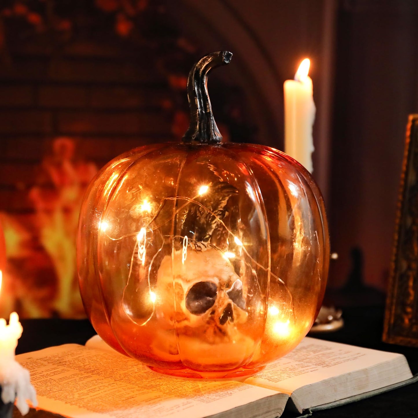 Afirst Halloween Decorations Indoor Lighted Halloween Fall Pumpkins Illuminated Glass Pumpkin With Skull Crow For Thanksgiving Fireplace Tabletop Party Home Bedroom Decor Gift