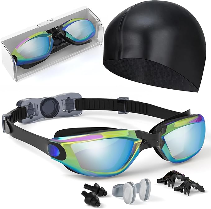 Hurdilen Kids Swim Goggles, Swimming Goggles for Kids Toddlers 3-14 with Swim Cap, Nose Clip, Nose Bridge, Ear Plugs