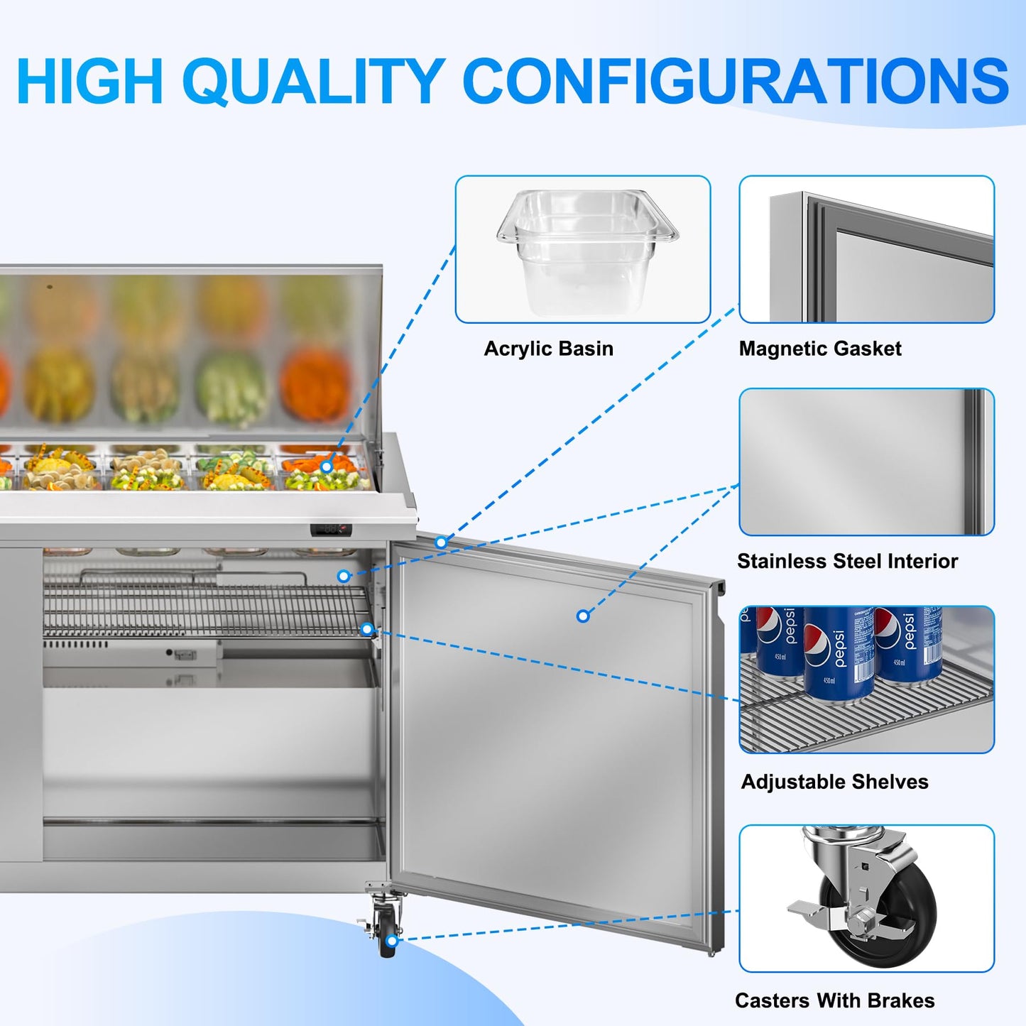 Rockitch 60" W Commercial Refrigerator Sandwich Salad Prep Table, 17.8 Cu.ft 2 Door Commercial Stainless Steel Mega Top Food Prep Fridge with 24 Pans, Salad Prep Station for Restaurant, Bar, Shop