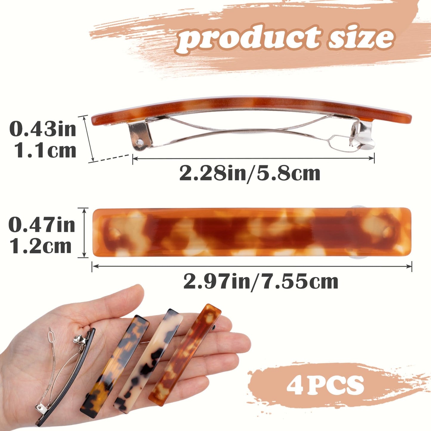 STSTR 4PCS French Barrette Hair Clips for Women, 2.95 Inch Small Tortoise Shell Hair Clip, Curved Glossy Thin Hair Flat Hair Acc