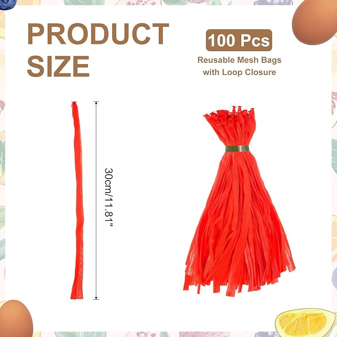 uxcell 100Pcs Reusable Produce Mesh Bags, 30cm Mesh Nylon Netting with Loop-Style Closures, Stretchable Egg Hatching Bags for Fruit Vegetable Storage, Red