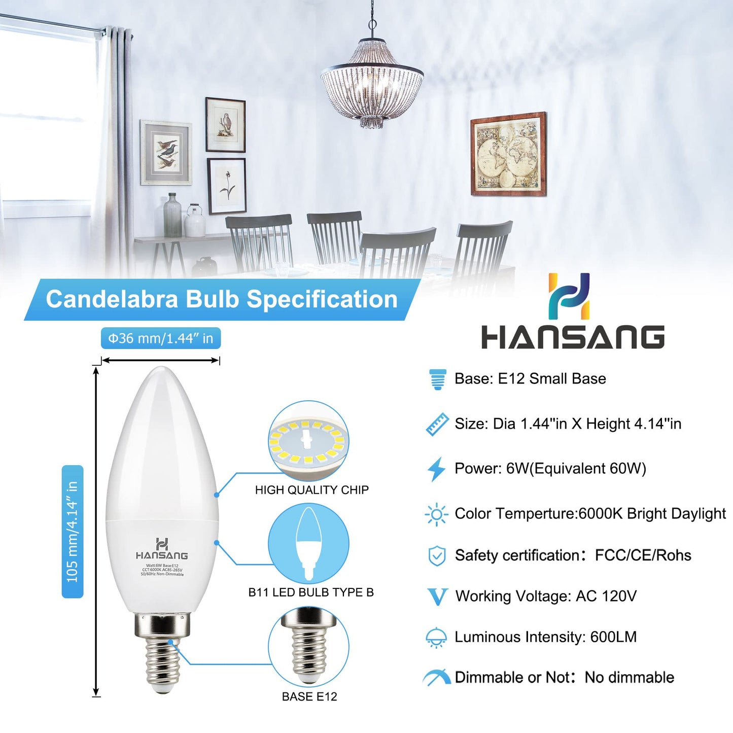 Hansang 8-Pack E12 Candelabra Led Light Bulbs, 6000K Cool Daylight, 6W Equivalent, Non-Dimmable, B11 For Chandelier And Ceiling