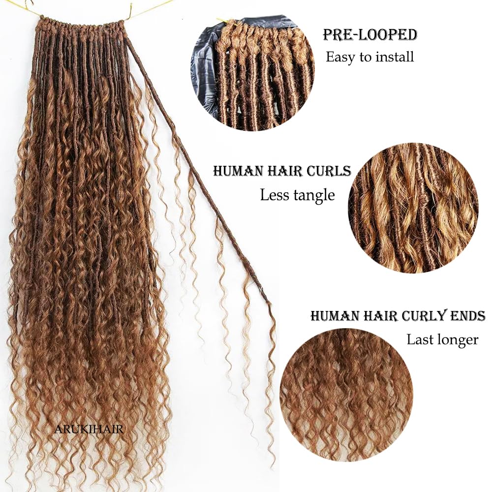 Pre-looped Light Auburn Crochet Dreadlocks with Human Hair Curls #30 Color Honey Blonde Crochet Boho Locs Hair 22 Inch 48 Strand