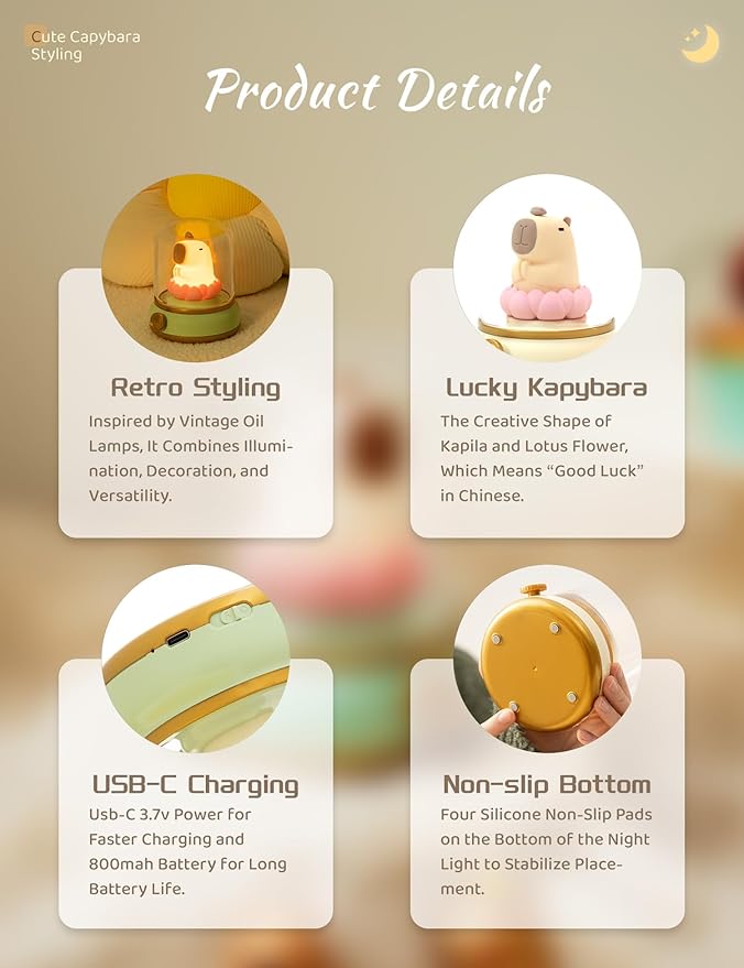 Lucky Capybara Night Light, Cute Rechargeable Lamp for Kids, Rotatable Brightness Adjustment, Lucky Capybara Gift (Yellow)