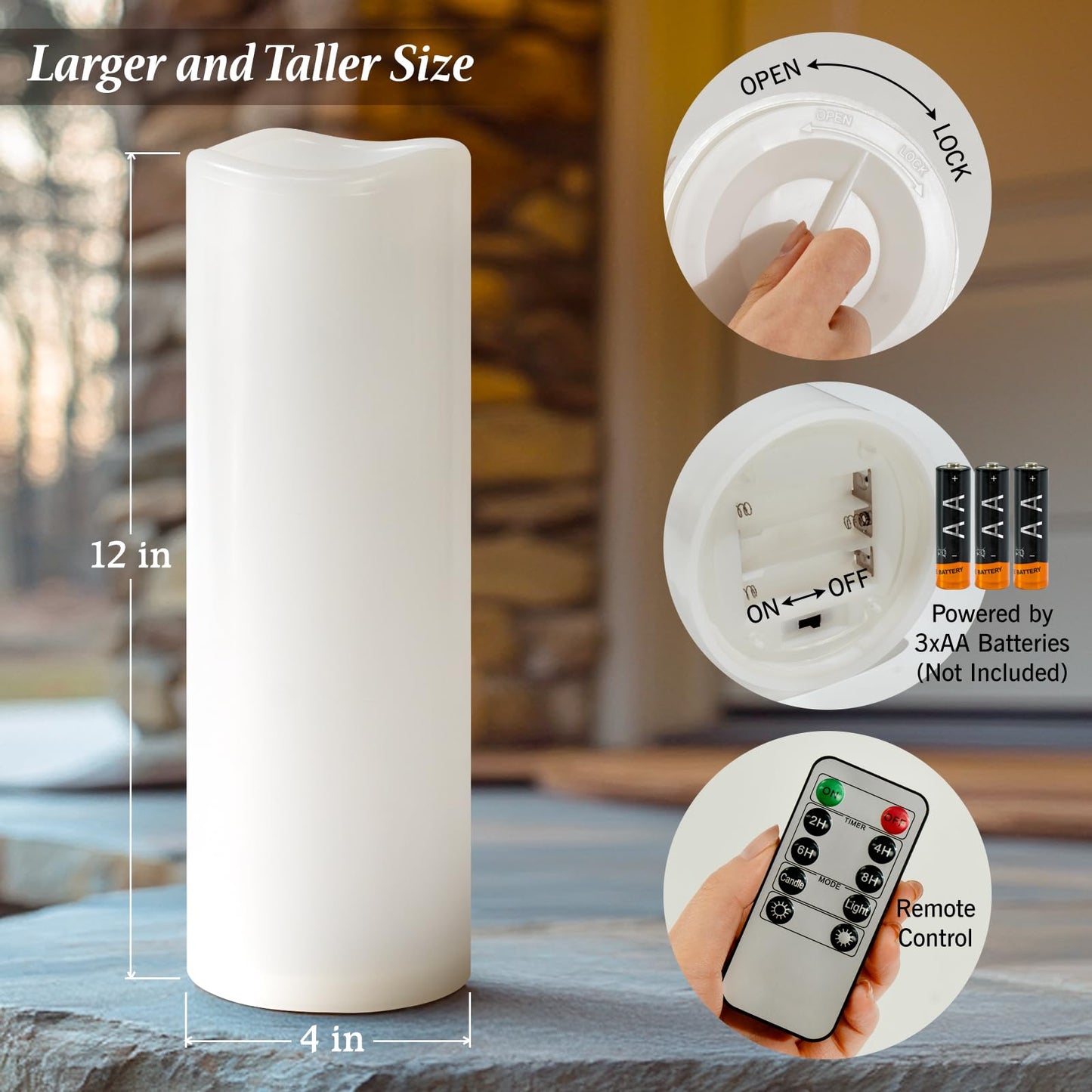 Yongmao 4" x 12" White Large Waterproof Outdoor Flameless Candles Battery Operated LED Flickering Pillar Candles with Remote and Timer for Indoor Outdoor Lanterns, Long Lasting, Set of 2