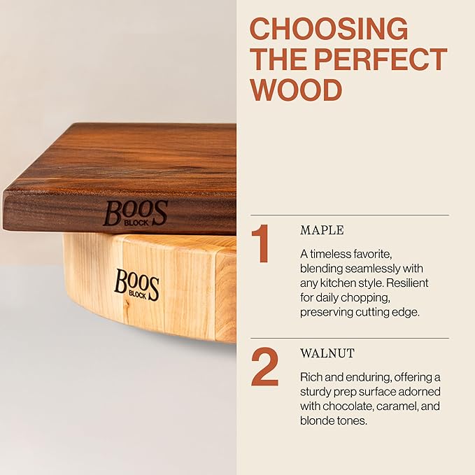 John Boos B Series Round Wooden Walnut Cutting Board 12”x12” – 1.5” Thick, 12-lb Non-Reversible Butcher Block with Wood Bun Feet & Edge-Grain