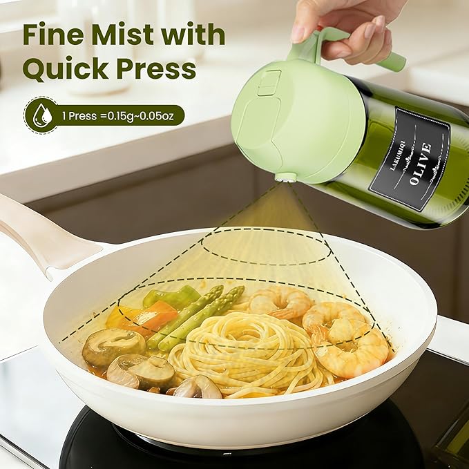 2 in 1 Oil Sprayer for Cooking 16oz, Green Light-Blocking Glass Olive Oil Dispenser Bottle, Food-Grade Oil Mister with 8 Stickers for Kitchen Salad Frying