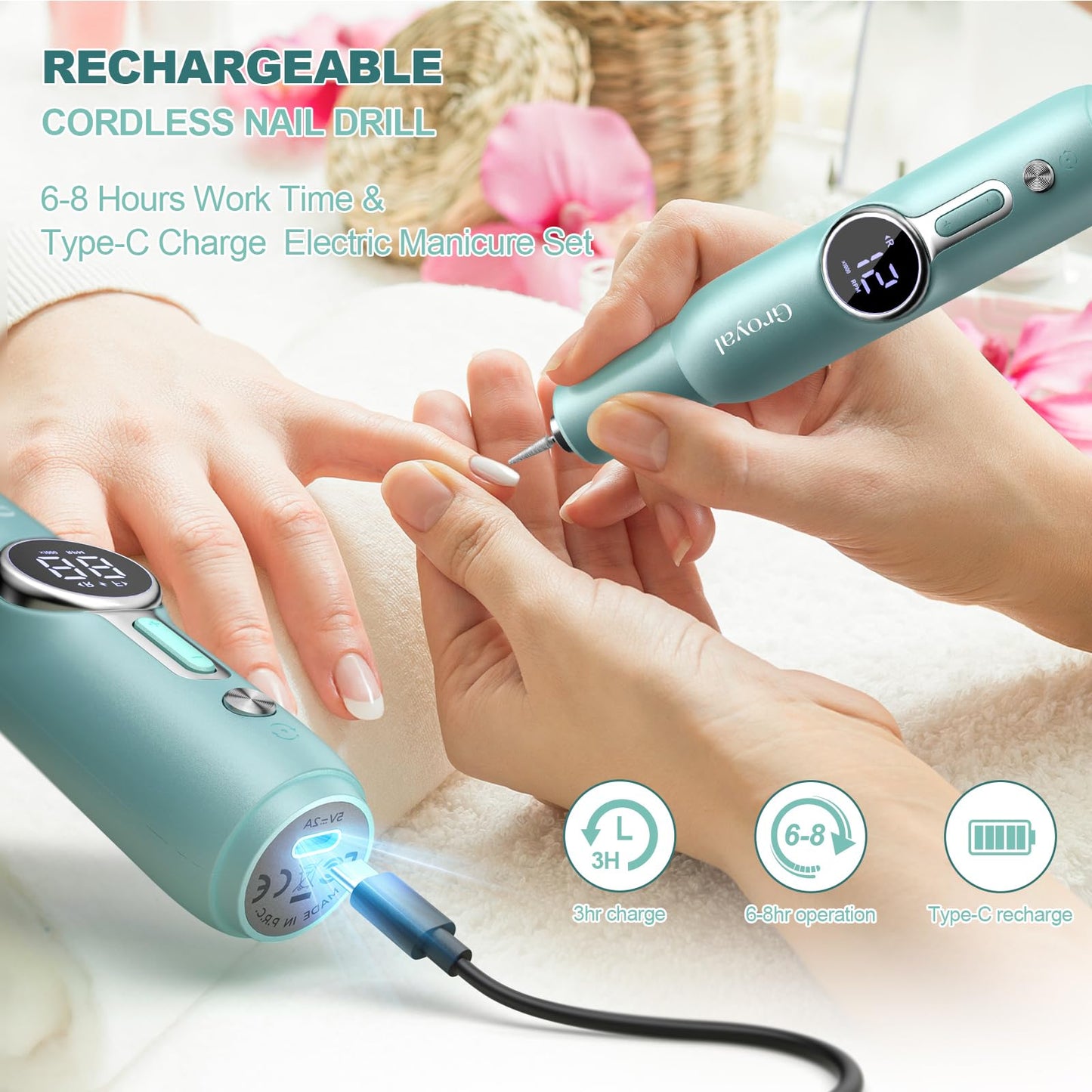 Nail Drill Kit, Cordless Electric Nail Drill Professional Kit 20000rpm Electric Nail File Drill for Acrylic Gel Nails, E-File Na