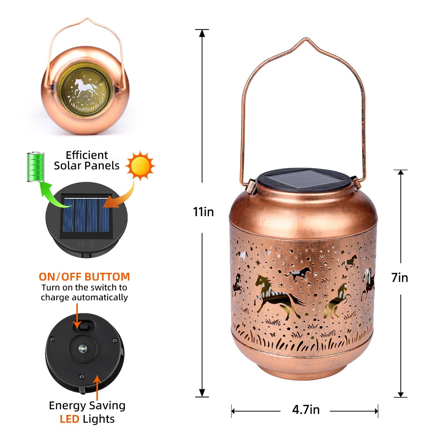 Gr8Gardens Horse Solar Lanterns Outdoor Metal Decoration, Waterproof Red Copper Hanging Lights for Yard, Porch, Patio, Pathway