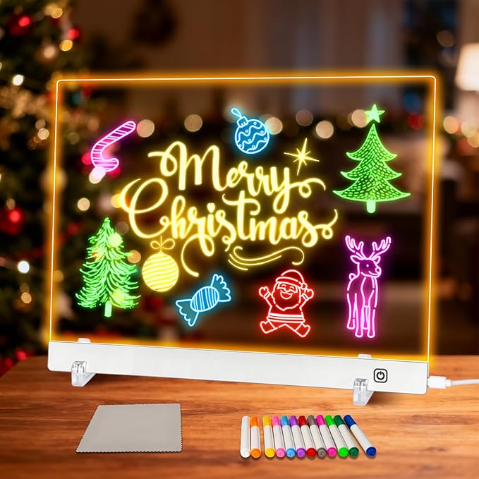 LED Note Board with Colors, Led Drawing Board for Kids, Light Up Acrylic Dry Erase Boards with Stand, Christmas & Birthday Gifts for Girls/Teens (White, 15.7" x 11.8")