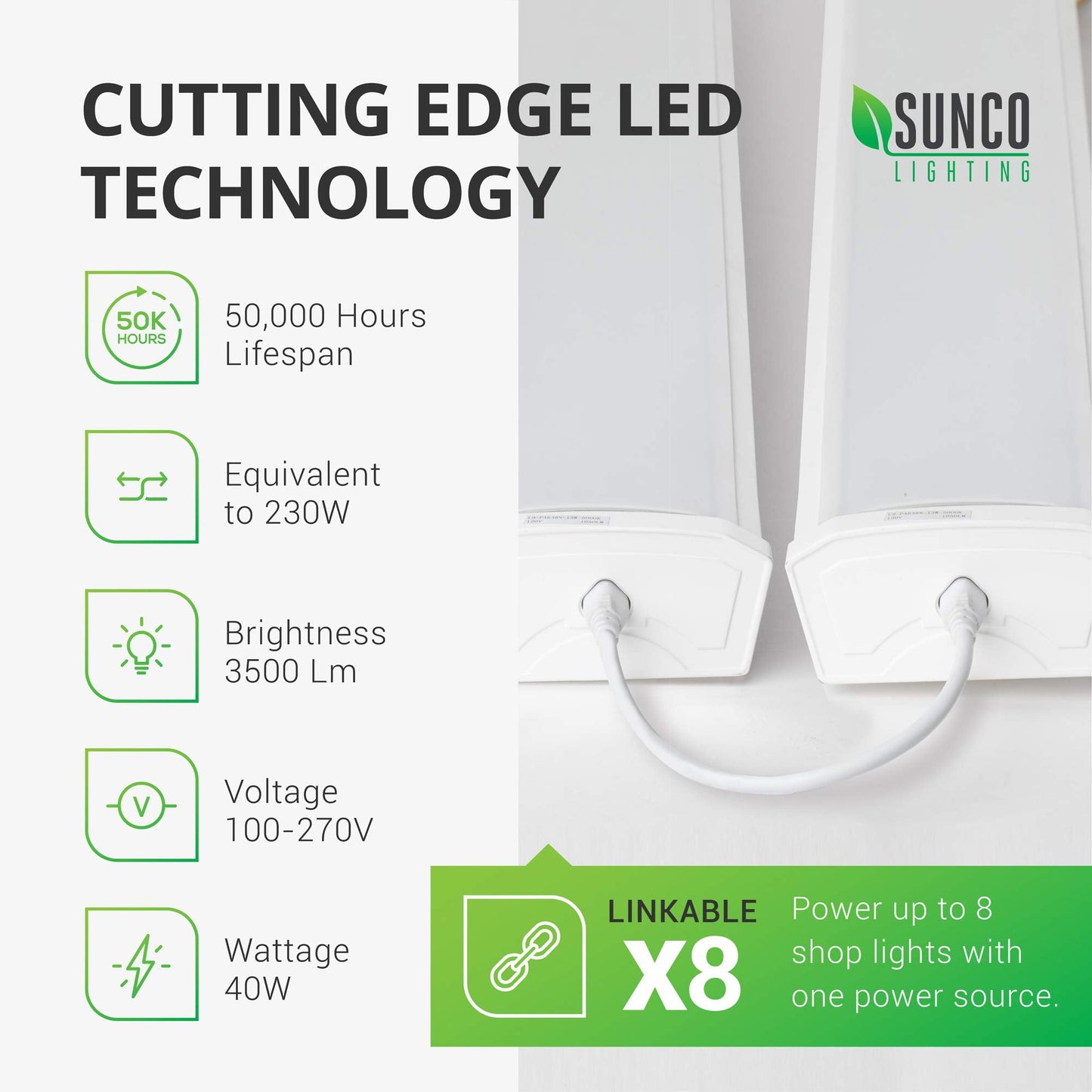 Sunco 10 Pack LED Garage Ceiling Lights 4FT, 3500 LM, 40W=300W, 5000K Daylight, Linkable, Hardwired, Model SHW