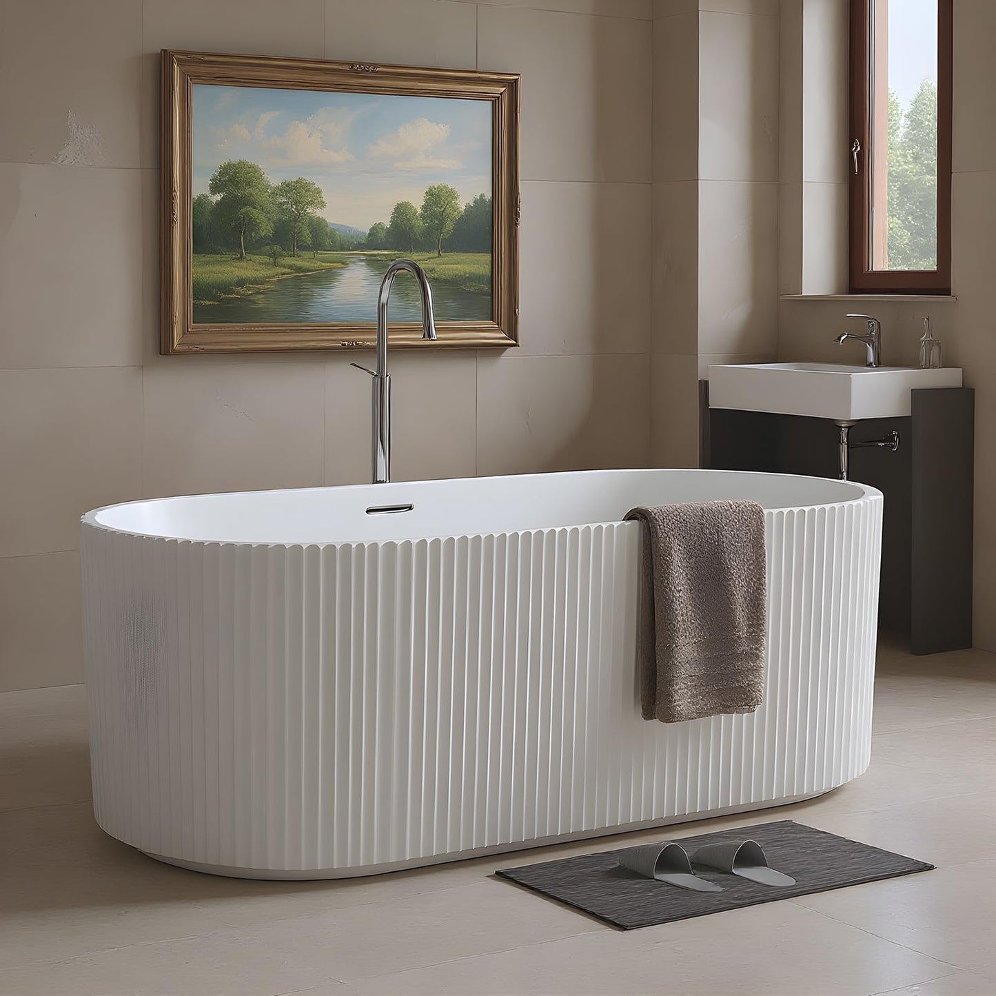 59" Acrylic Freestanding Bathtub, Modern Acrylic Soaking Bathtub, Freestanding Rectangular Tub with Matte Drain and Overflow, Ergonomic Deep Design, Double-Walled Insulation, CUPC Certified