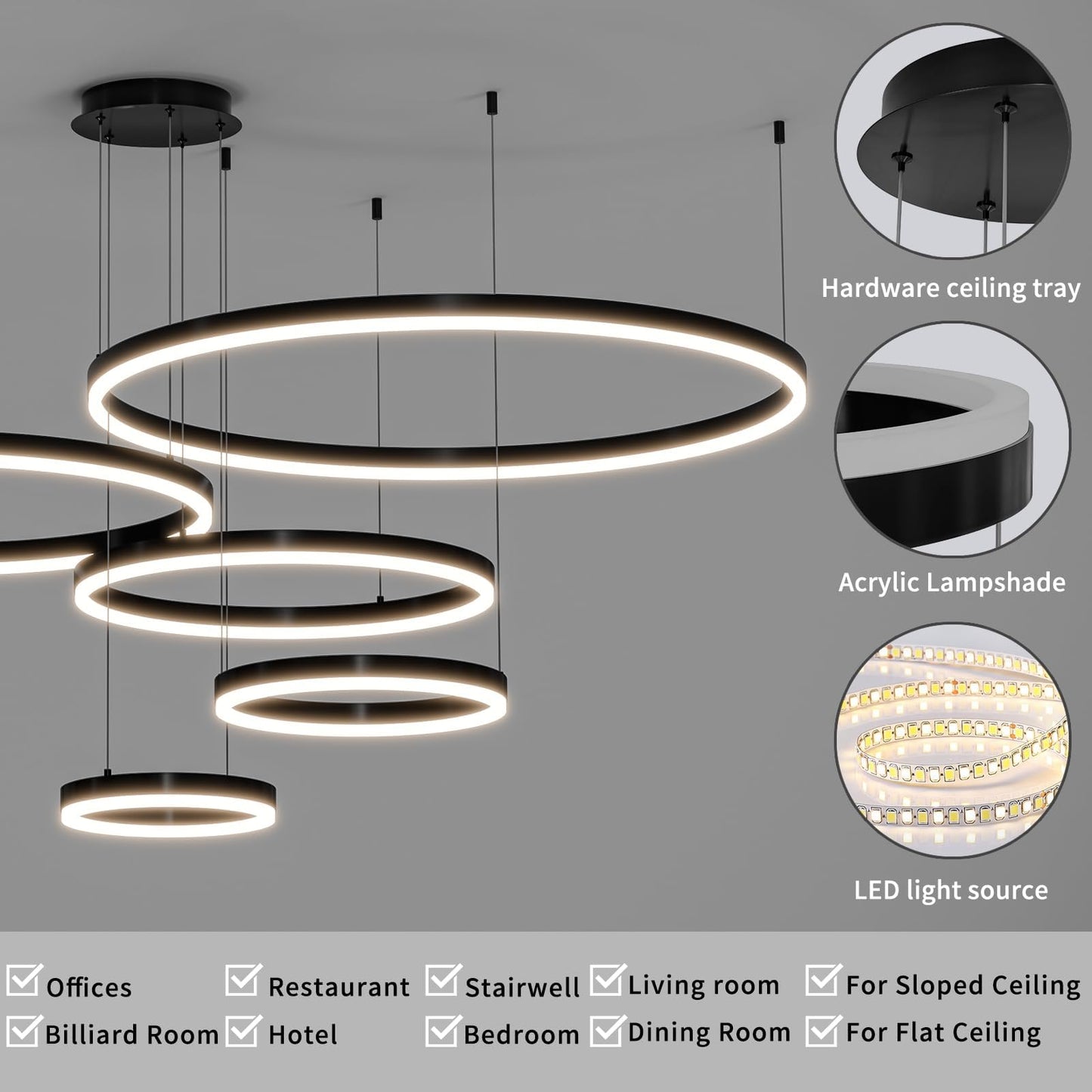 Mikeru Modern LED Chandelier Light, Adjustable 3000K-6500K, 5 Rings, Aluminum, 39.5IN, A-Black, Model DK-346810