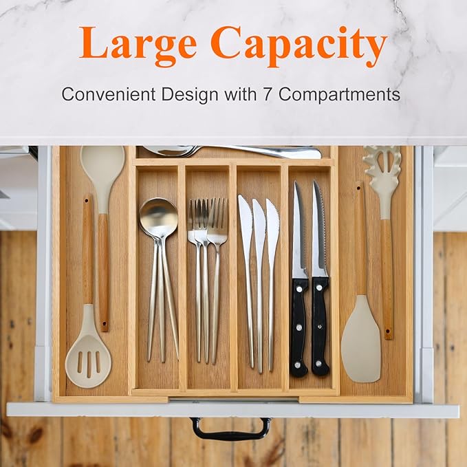 Bamboo Silverware Drawer Organizer Expandable Large Kitchen Utensil Holder Drawer Divider Organizers Storage Adjustable Cutlery Silverware Tray Wooden Spoon Holder Flatware Organizer Trays