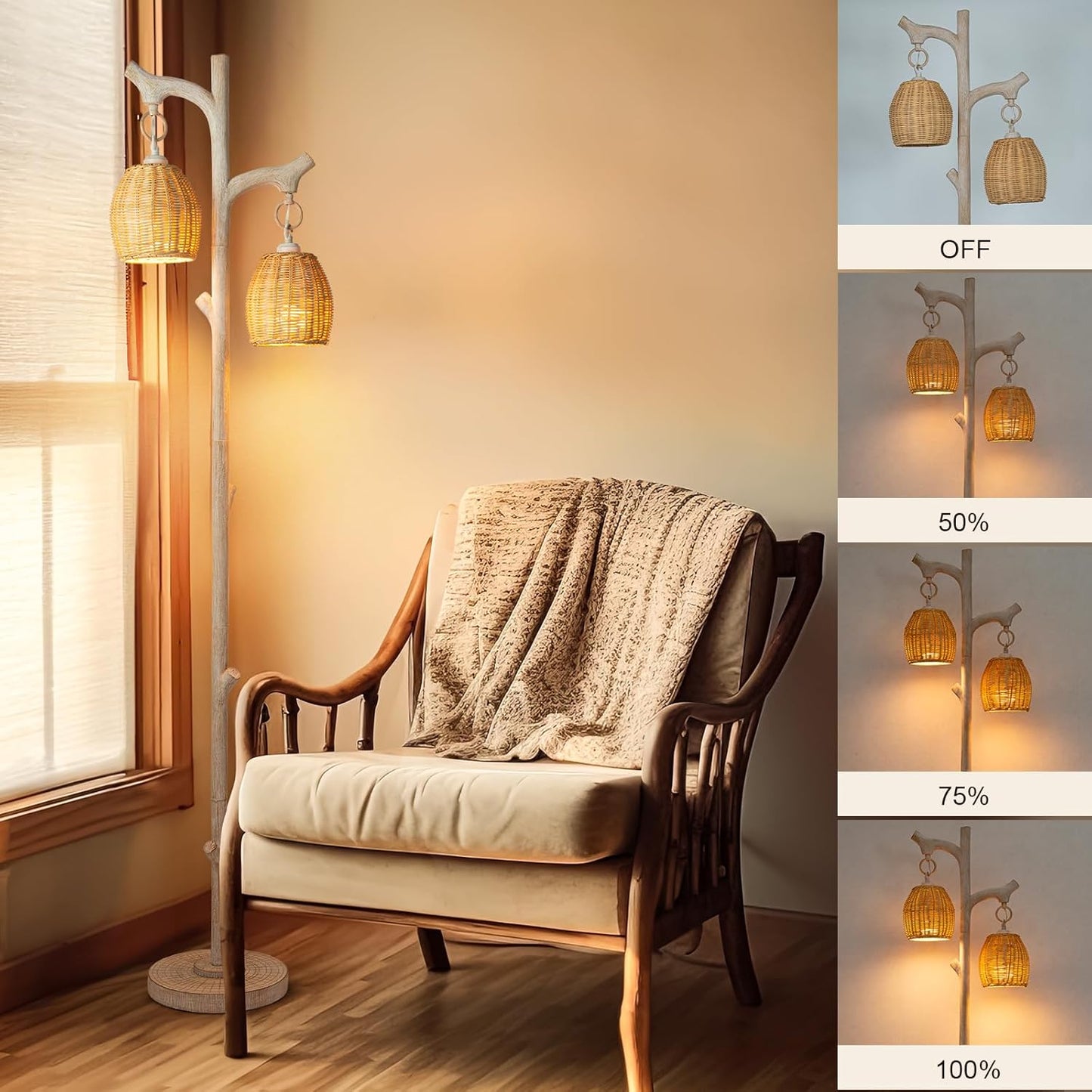 68" High Farmhouse Rustic Country Cottage Floor Lamp Tree Trunk Faux Wood Column White Washed Wicker Drum Shade Decor for Living Room Bedroom Reading Room