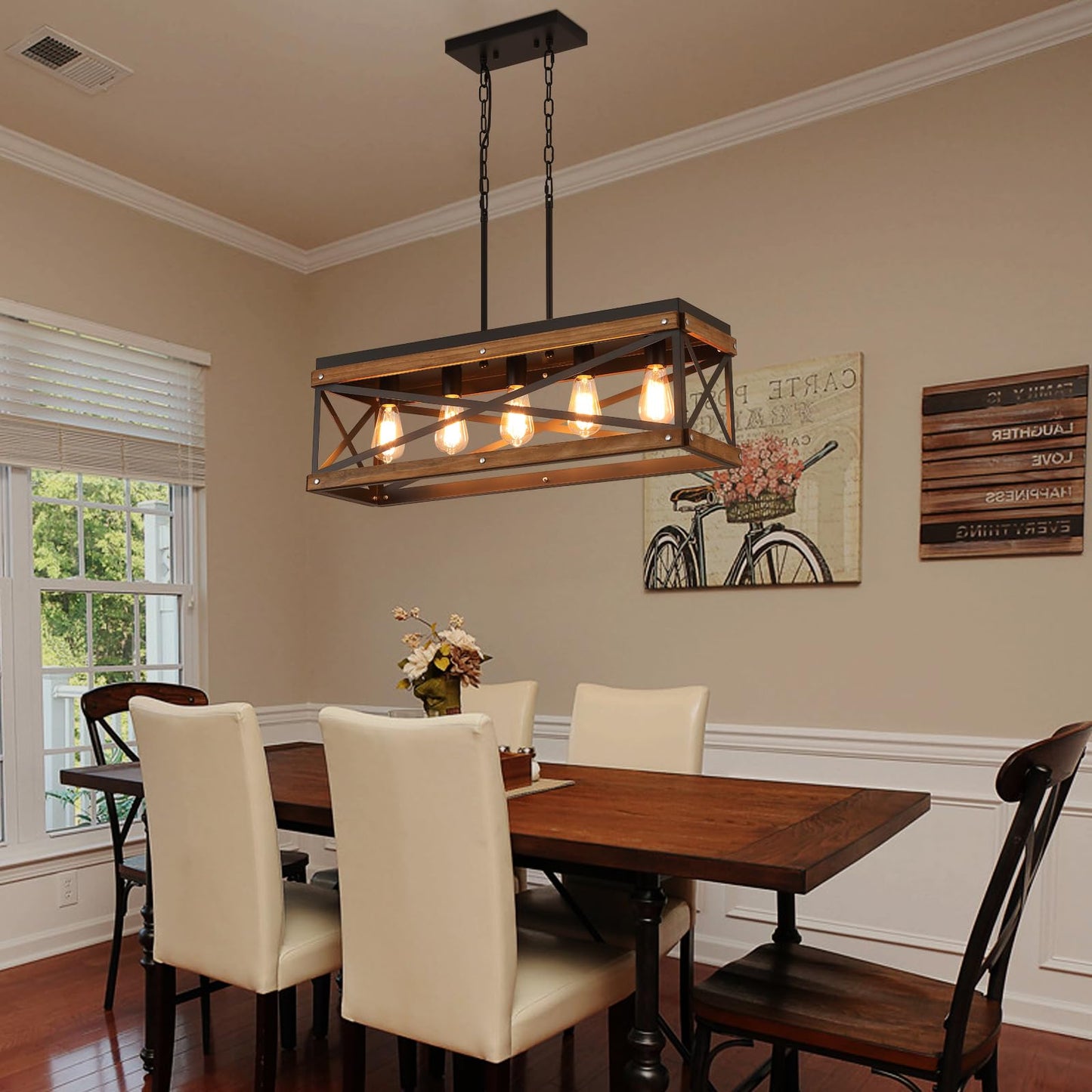 Rustic Farmhouse Wood Kitchen Island Lighting  5 Lights Rectangular Pendant Light Fixture  Adjustable Chain Oak Wood And Metal Linear Chandelier For Dining Room Kitchen Island Farmhouse  Black