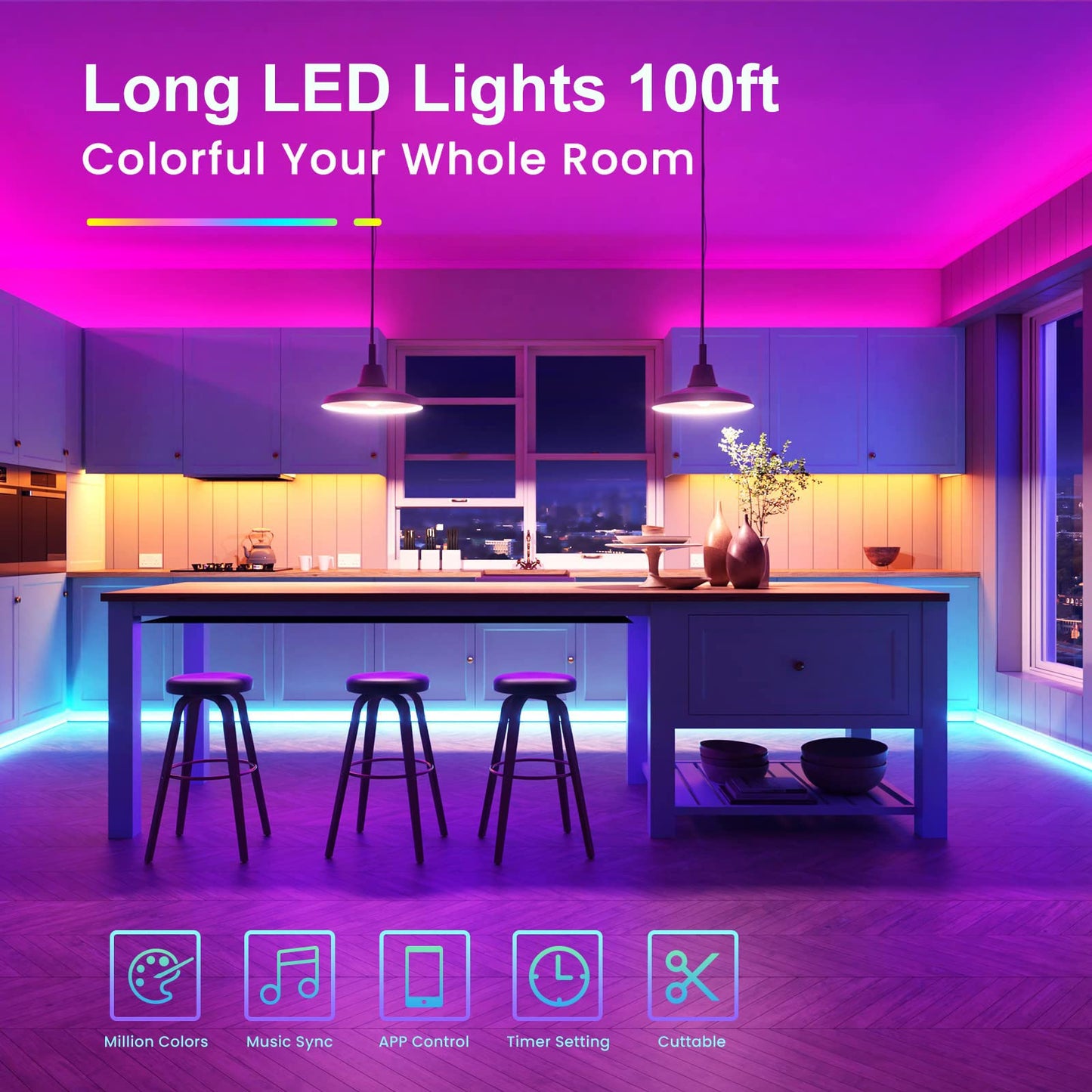 Tjoy 100Ft Bluetooth Led Strip Lights, Rgb Color Changing, Music Sync, App & Remote Control, Vinyl, Multi-Colored