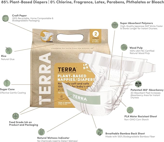 Terra Size 2 Plant-Based Diapers: Ultra-Soft & Chemical-Free, Superior Absorbency for Day or Night, 176 Count