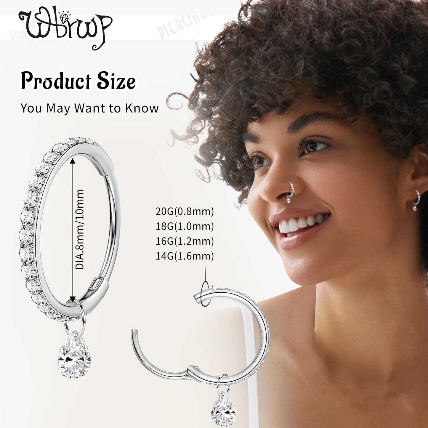 WBRWP 316L Stainless-Steel Hinged Nose Rings Hoop : Womens and Mens Ear Pierecing Dangle Ring with Zircon 20G(0.8mm) Septum Clic