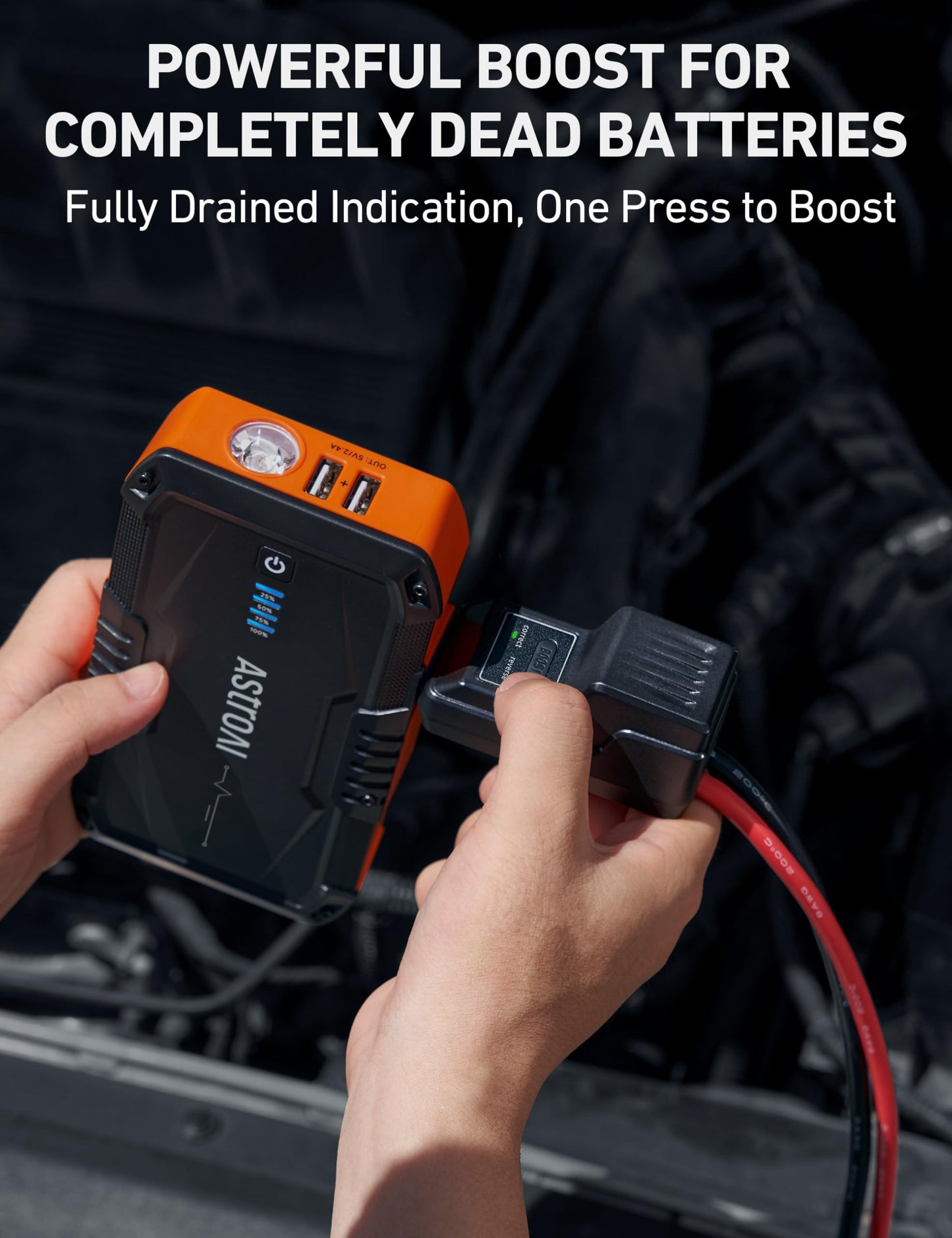 AstroAI S8 Car Battery Jump Starter, Car Jumper Starter Battery Pack for Up to 6.0L Gas & 3.0L Diesel Engines, 12V Portable Jump Box with 3 Modes Flashlight and Jumper Cable (Orange)