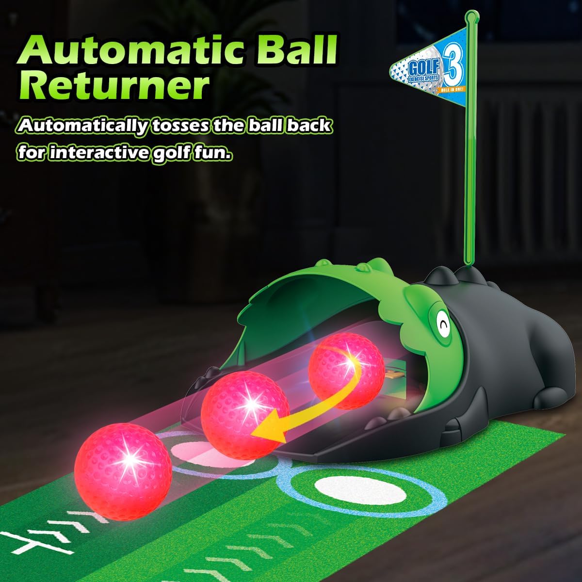 Upgraded Kids Toy Golf Set with Dinosaur Automatic Golf Returner, Led Light Up Night Golf Balls, 3 Clubs, Putting Mat, 3-8 Toddler Mini Golf Games, Indoor Outdoor Sports Toys for Boys Girls 3+