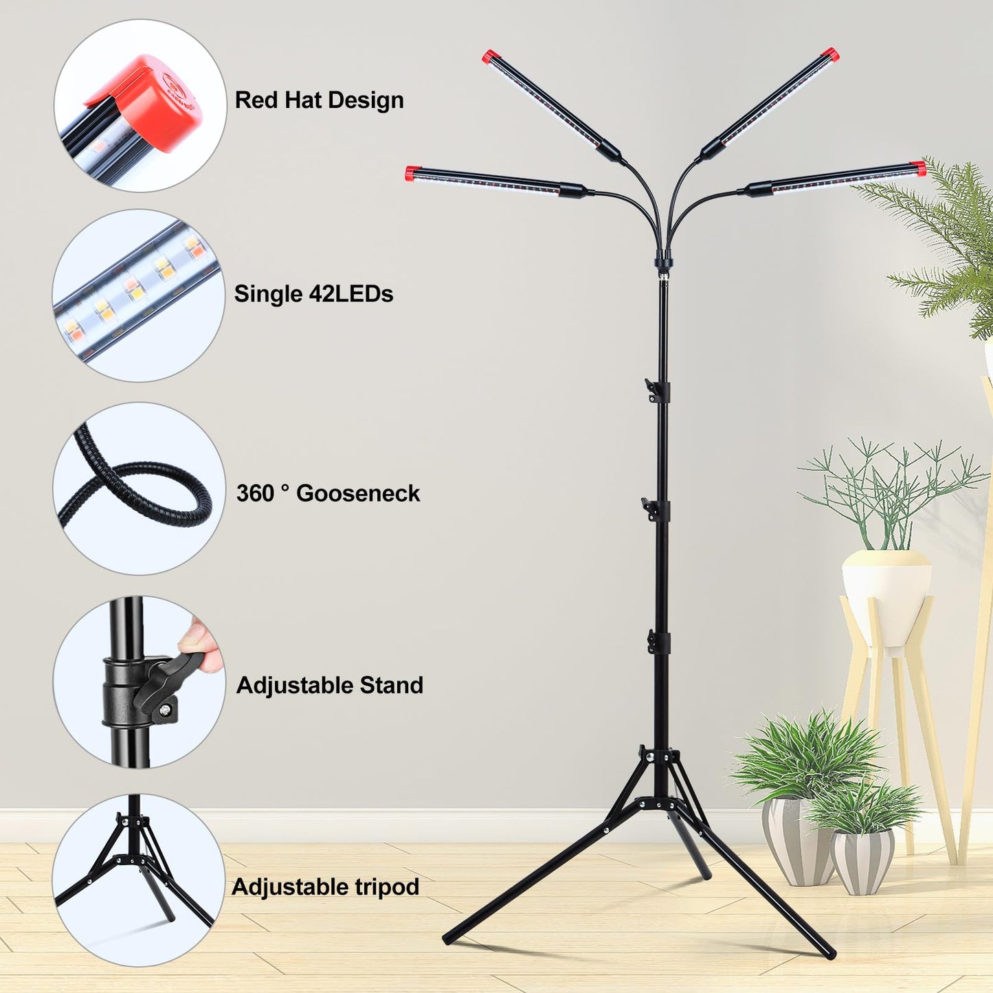 GroCruiser 4-Head Tripod Stand Grow Lights, 36W LED, Black, Aluminum, Model ZH_GL_RH, Ideal for Tall House Plants and Seed Starting