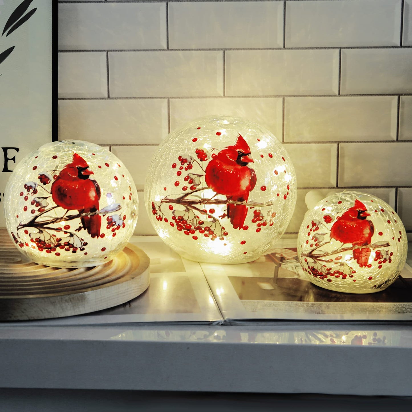 Cordless  le Glass Ball Cardinal Lamp With Timer  Battery Operated Led Red Bird Stained Christmas Decor Accent Sphere Table Lamp  MotherS Day Gift  Lighted Orb Cardinal Globe Desk Night Light