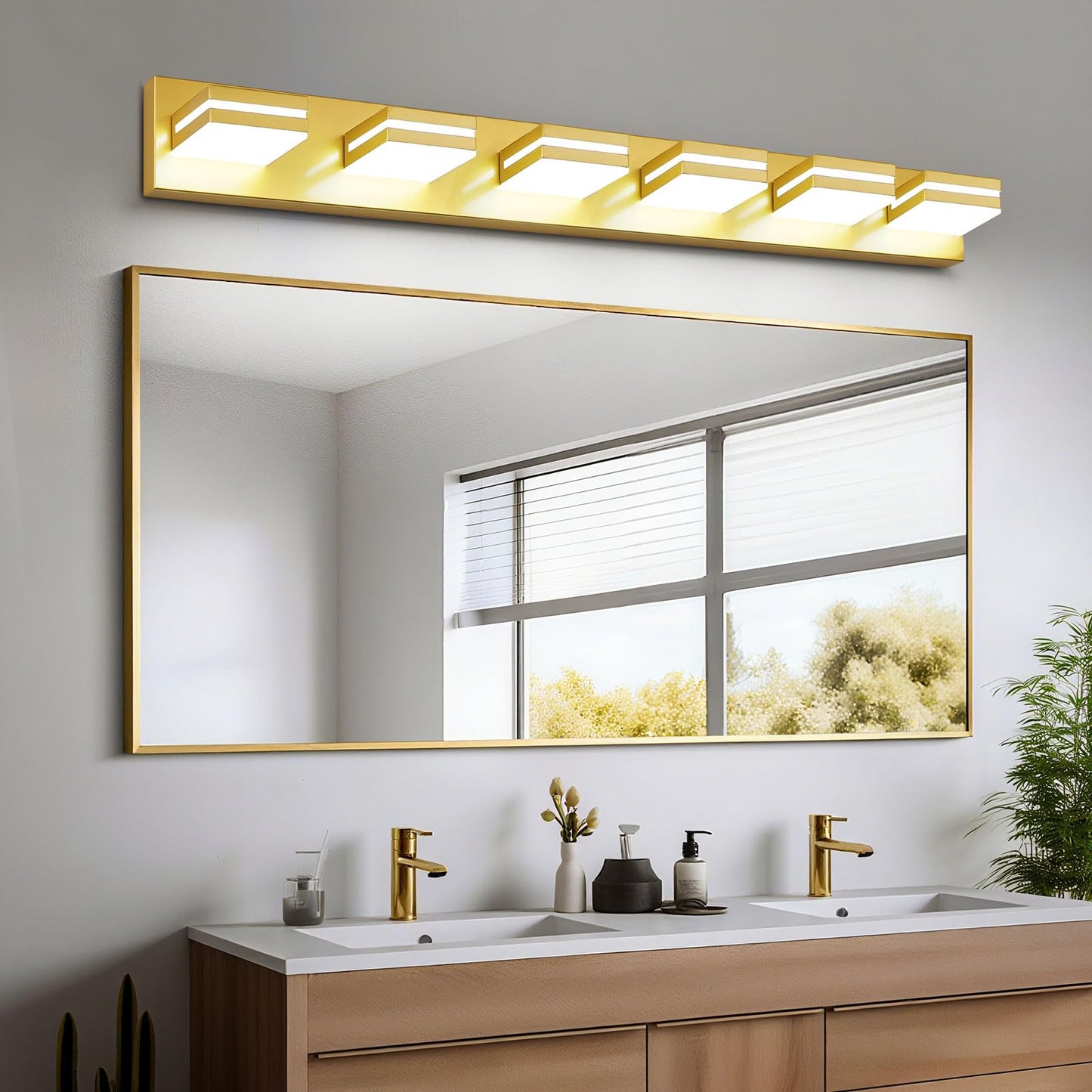 Jzekvn Modern Led Bathroom Lights Fixtures(6-Light) Metal Gold Acrylic Wall Lighting Vanity Lights For Bathroom Over Mirror(6000K 41In
