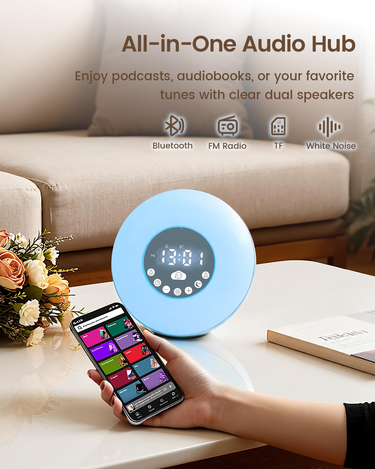 Glocusent 2×5W Stereo Sunrise Alarm Clock, Sleep Aid with Timer, 14 White Noise Tracks, 8 Color Night Light, 10-Level Dimming, Bluetooth Speaker/FM/TF, Dual Alarms with Snooze, Gift for Adults & Kids