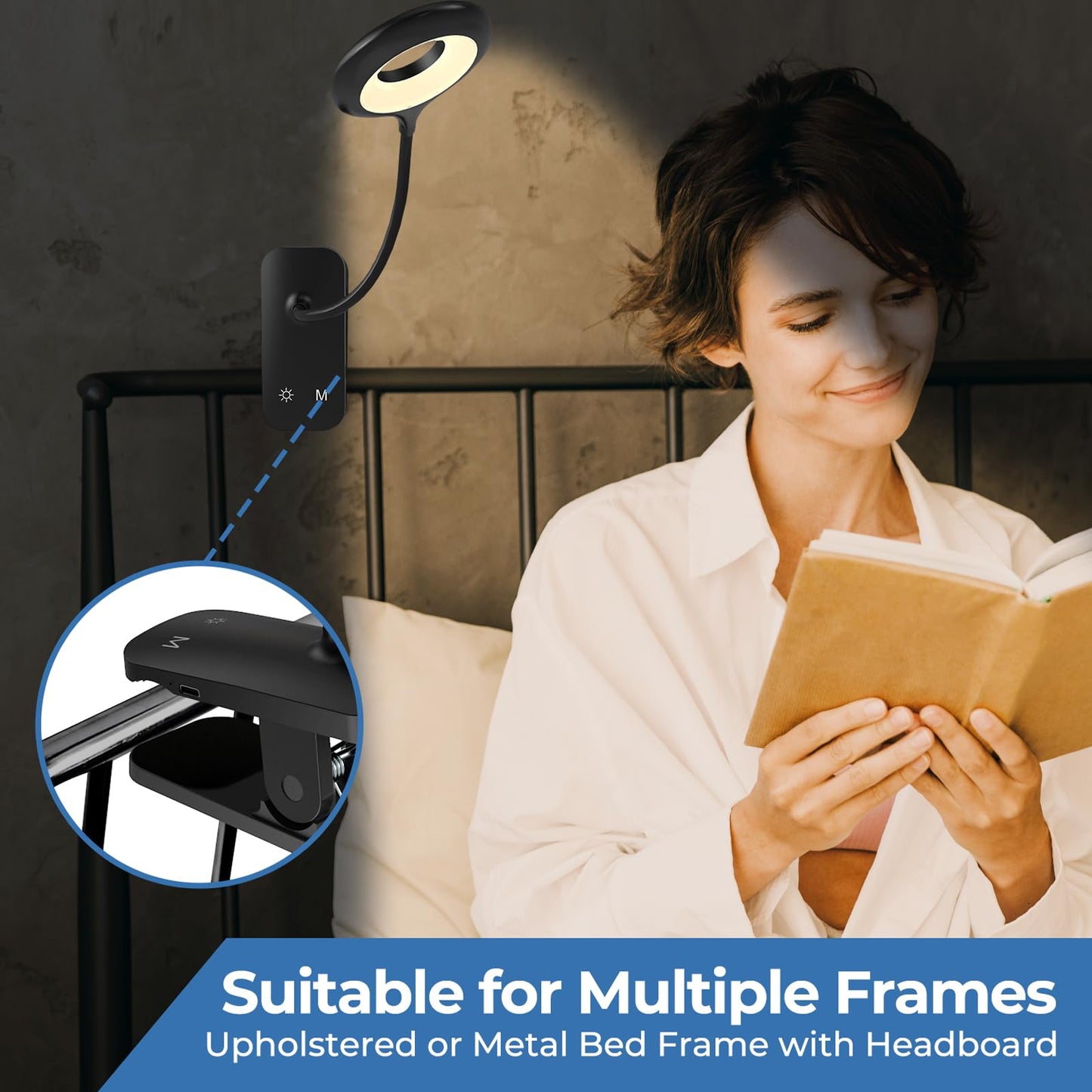 CUHIOY Book Reading Light, Dimmable Clip-On, 3 Colors & Brightness Levels, Flexible Arm, Round Head, Black, Model PH500