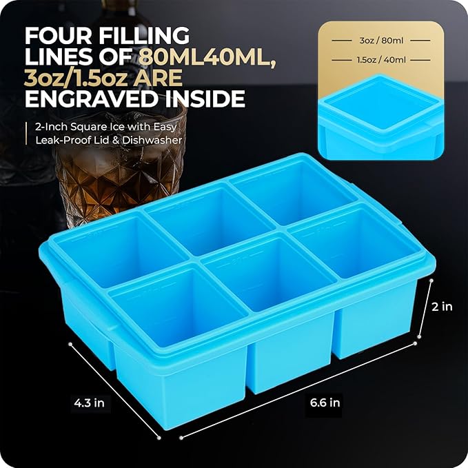 Large Ice Cube Trays for Whiskey, Silicone Ice Cube Tray, with Reinforced Steel Ring Top, Makes 12 perfect 2-in ice cubes, Square Ice Tray for Cocktails, Whiskey, Coffee. (2 Pack)